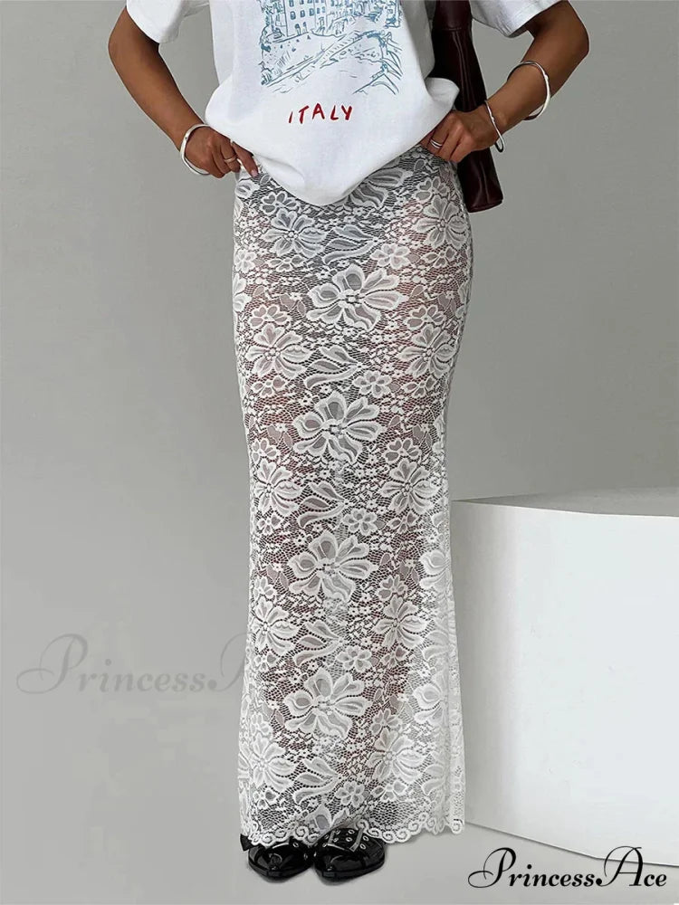 Warm Sensual Transparent Lace Floral Extended Skirt 2000s Celebration WHITE / S skirt-250126