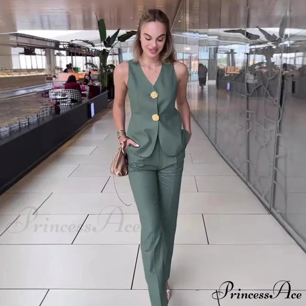Warm Sleeveless Wide Leg Trousers Workplace Two Piece Set Green / XS officetwopieceset-250223