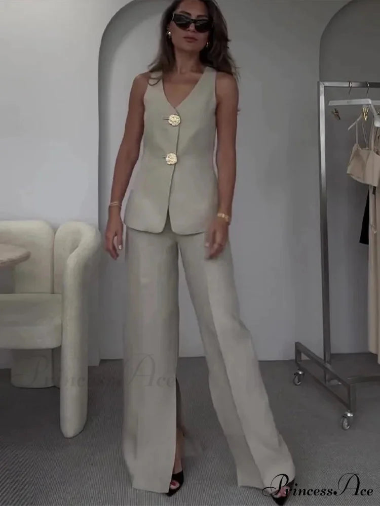Warm Sleeveless Wide Leg Trousers Workplace Two Piece Set light grey / XS officetwopieceset-250223