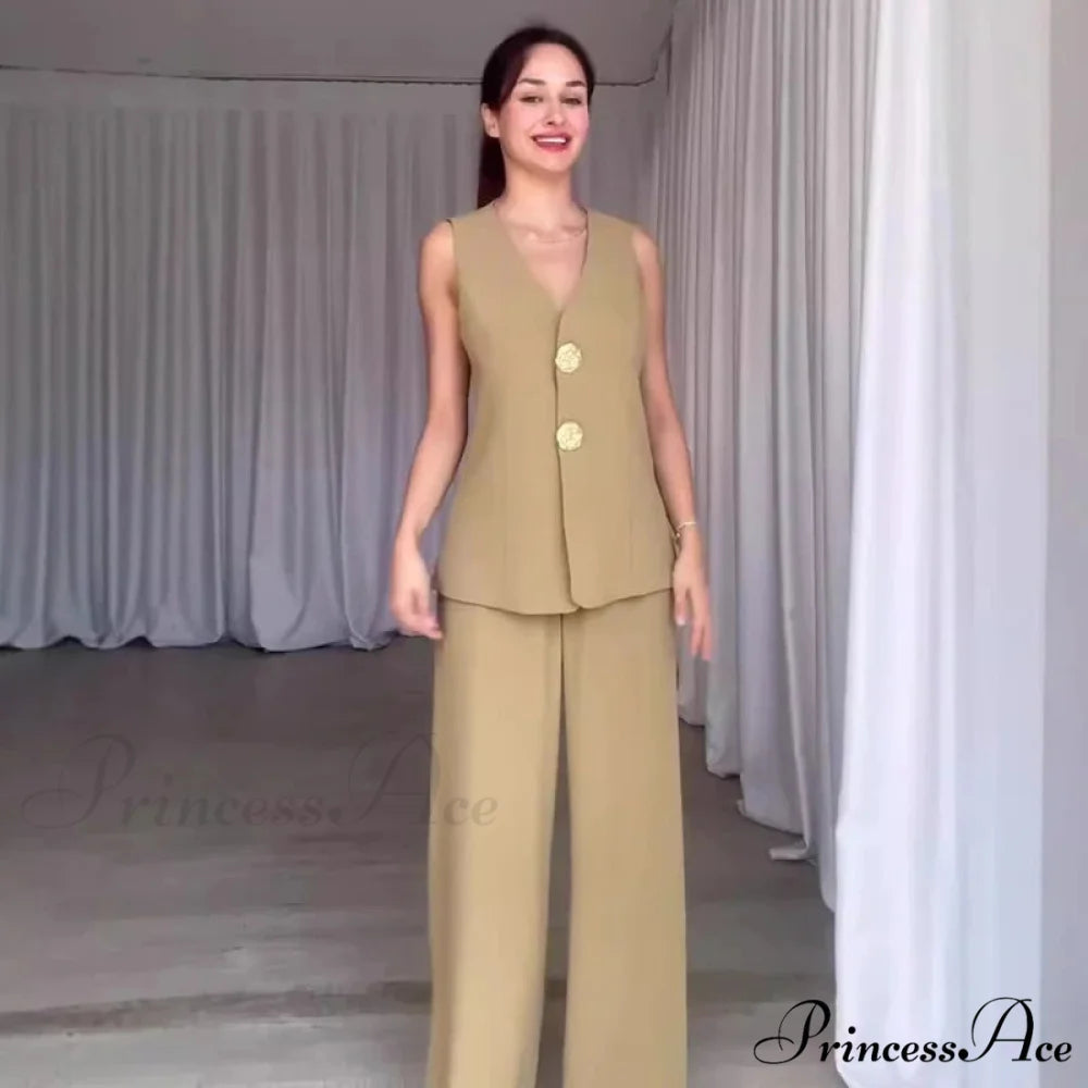 Warm Sleeveless Wide Leg Trousers Workplace Two Piece Set Matcha color / XS officetwopieceset-250223