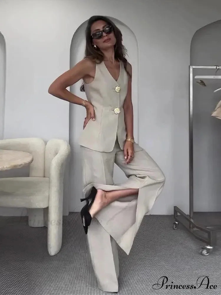 Warm Sleeveless Wide Leg Trousers Workplace Two Piece Set officetwopieceset-250223