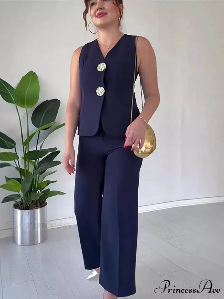 Warm Sleeveless Wide Leg Trousers Workplace Two Piece Set officetwopieceset-250223