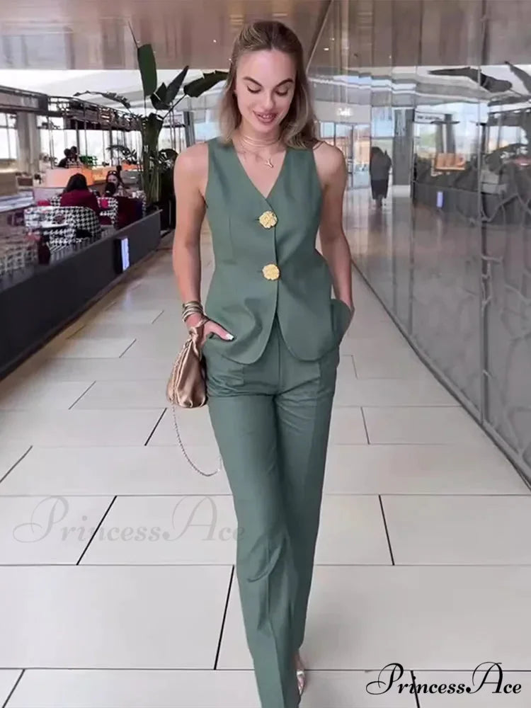 Warm Sleeveless Wide Leg Trousers Workplace Two Piece Set officetwopieceset-250223