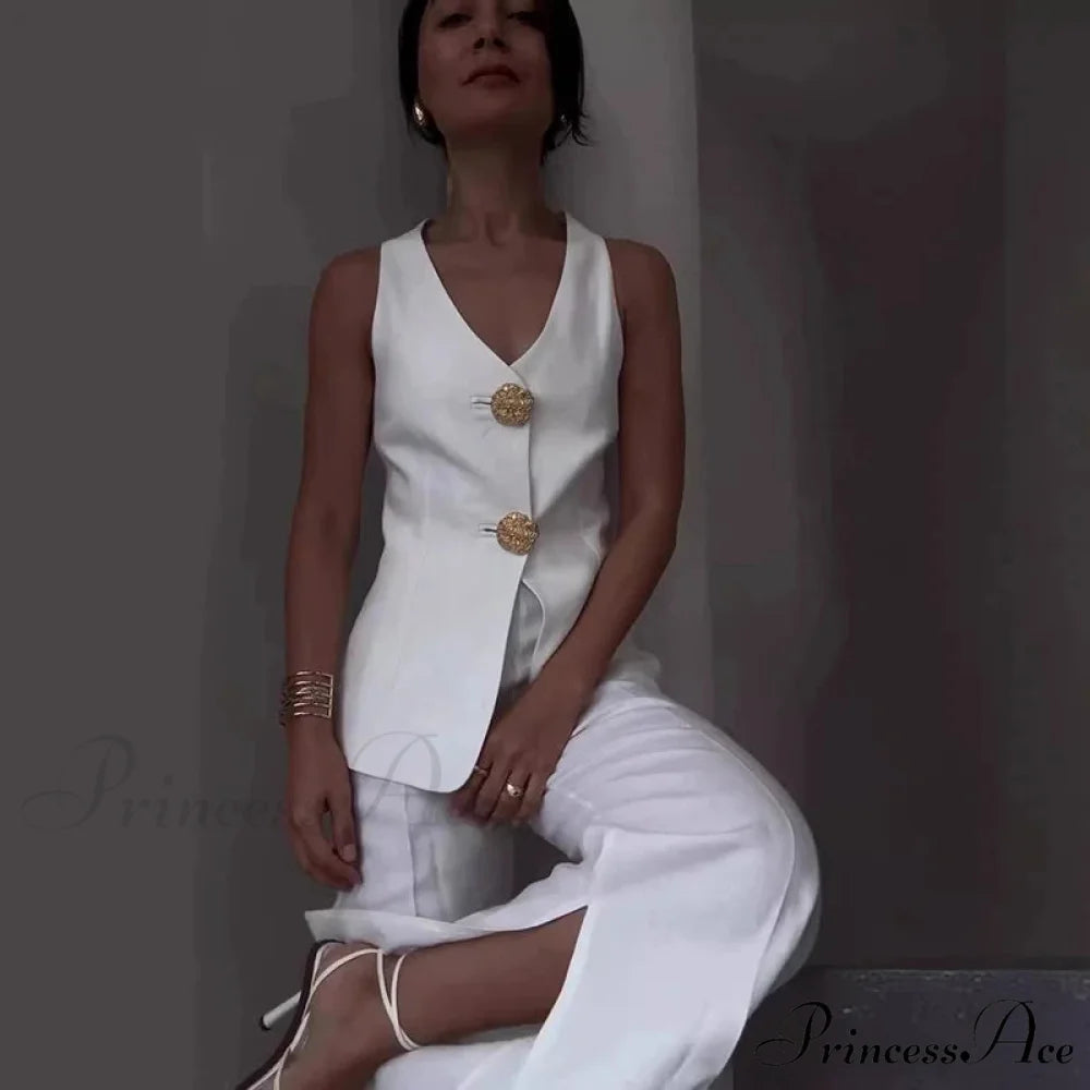 Warm Sleeveless Wide Leg Trousers Workplace Two Piece Set White / XS officetwopieceset-250223