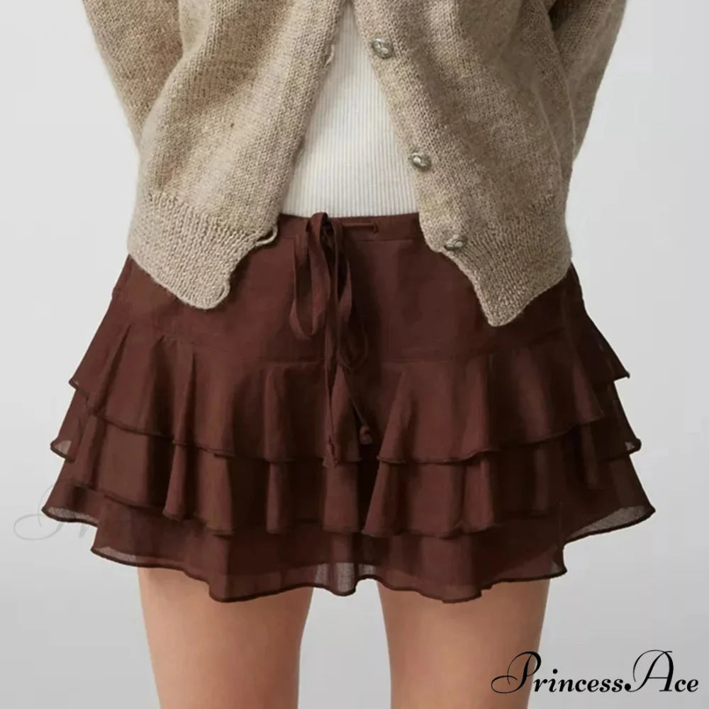Warm Solid Frilled Tiered Skirt Coffee / S skirts-250223
