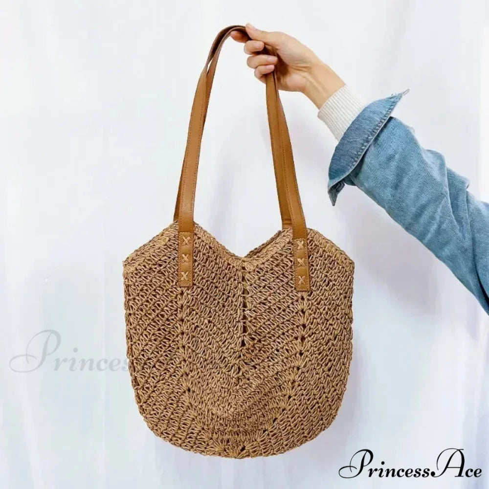 Warm Straw Wicker Knitted Shoulder Bag Light Brown shoulder-250126