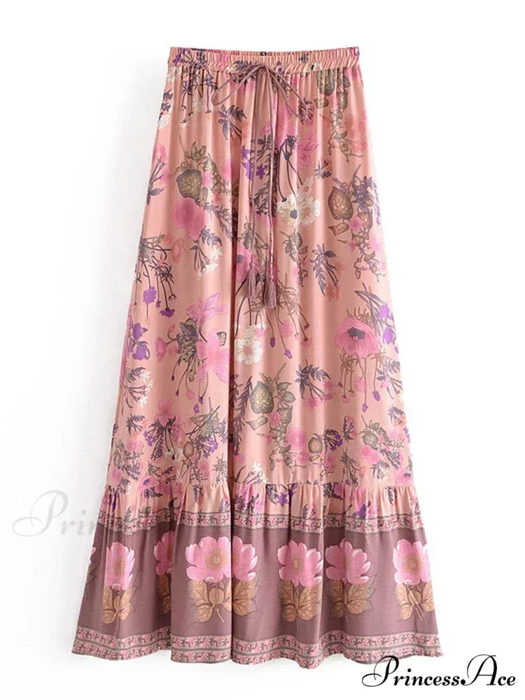 Warm Yellow Floral Pattern Fringe Seaside Free-Spirited Rayon Boho Skirt Pink / S skirt-250126