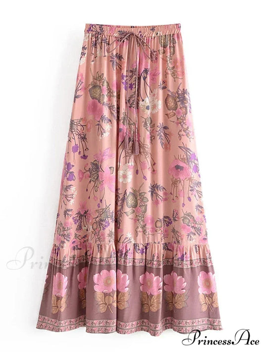 Warm Yellow Floral Pattern Fringe Seaside Free-Spirited Rayon Boho Skirt Pink / S skirt-250126
