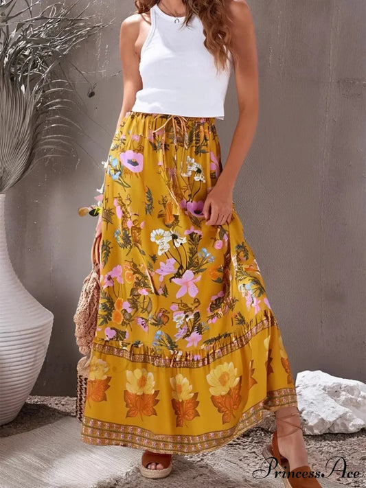 Warm Yellow Floral Pattern Fringe Seaside Free-Spirited Rayon Boho Skirt Yellow / S skirt-250126