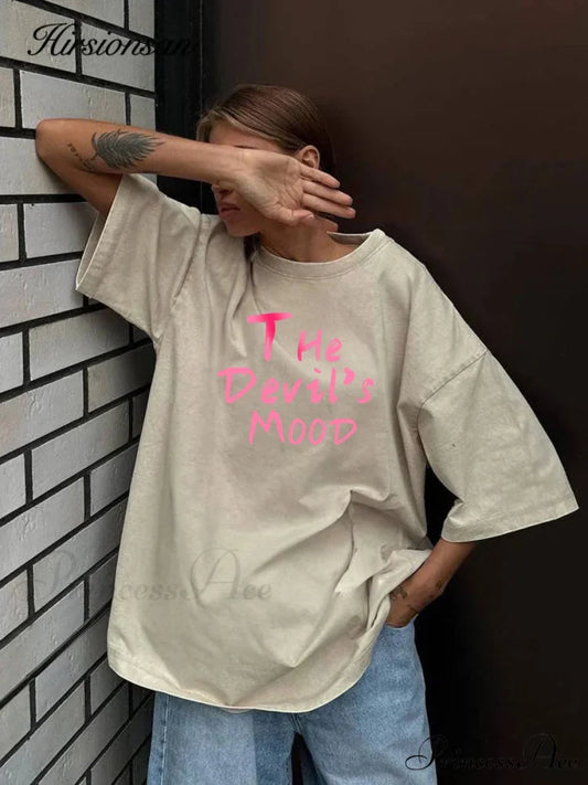 Washed Letter Print Retro T-shirt Beige / M t-shirt-250223