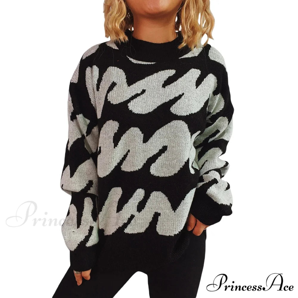 Wave Line Print Crew Neck Cozy Jumper Black / S swraters-241228