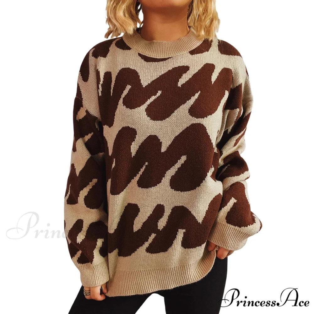 Wave Line Print Crew Neck Cozy Jumper Dark Khaki / S swraters-241228