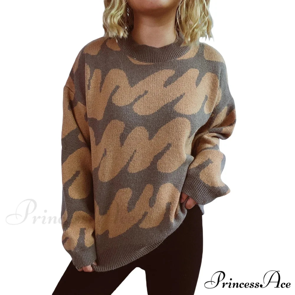 Wave Line Print Crew Neck Cozy Jumper GRAY / S swraters-241228