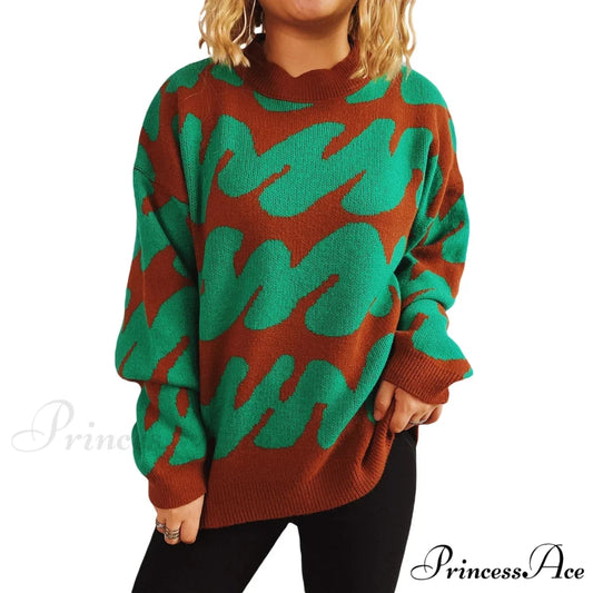Wave Line Print Crew Neck Cozy Jumper Green / S swraters-241228