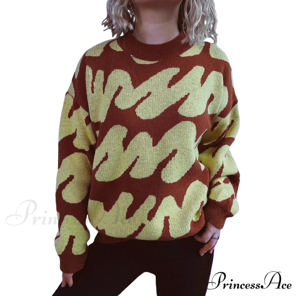 Wave Line Print Crew Neck Cozy Jumper Yellow / S swraters-241228