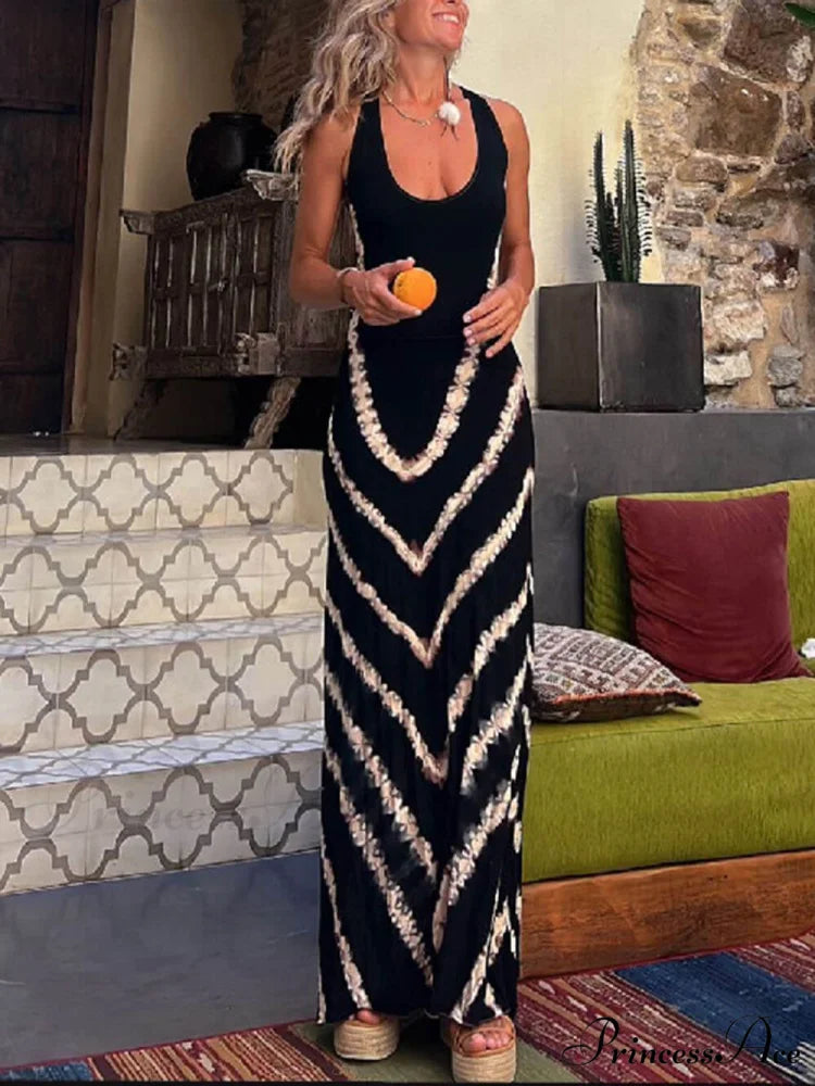 Wave Print Tie Charming Back Stretch Maxi Dress Black / S