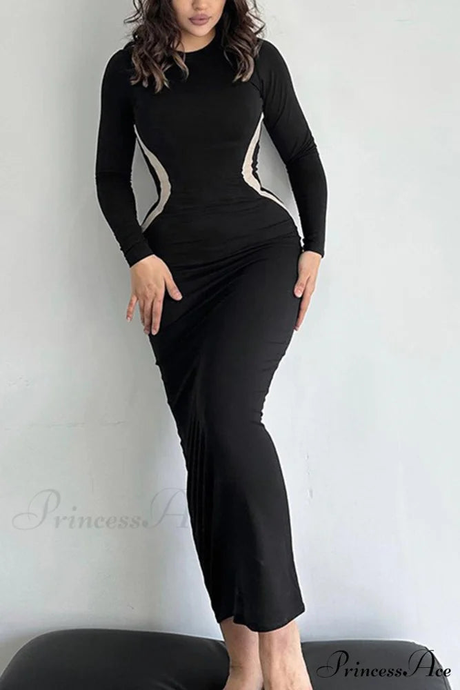 Wavy Slim Fit Midi Dress with Contrast Black / XL