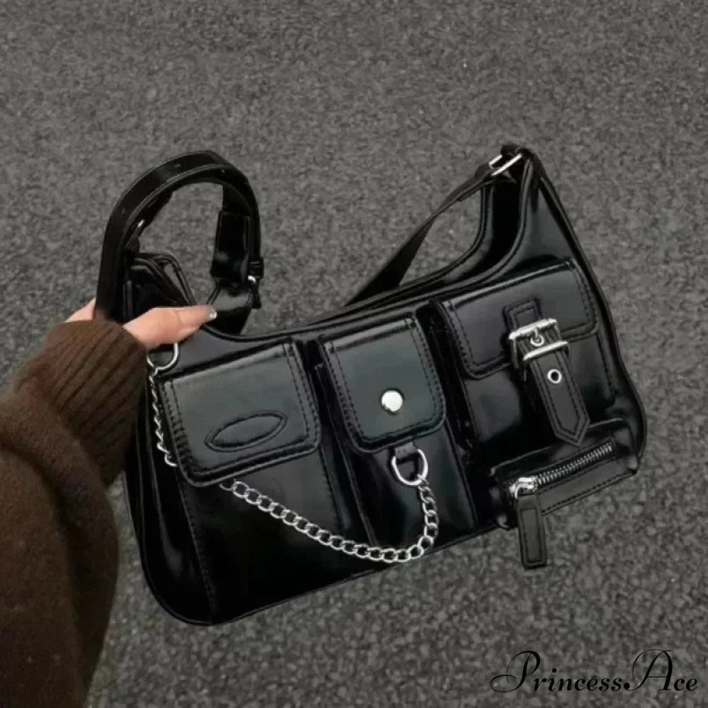 Wealthy Punk Chain Crossbody Shoulder Bag Black shoulder-250126