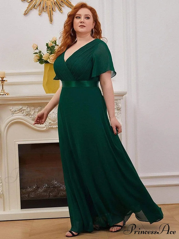 Wedding Party Elegant Gown - A Formal Neck Plus Ruffles Line Chiffon V Size Dark Green / 4(Lable Size S)