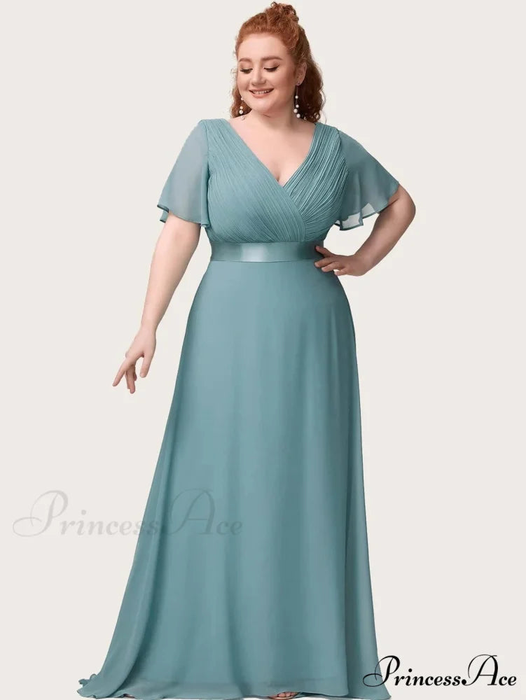 Wedding Party Elegant Gown - A Formal Neck Plus Ruffles Line Chiffon V Size Lack Blue / 4(Lable Size S)