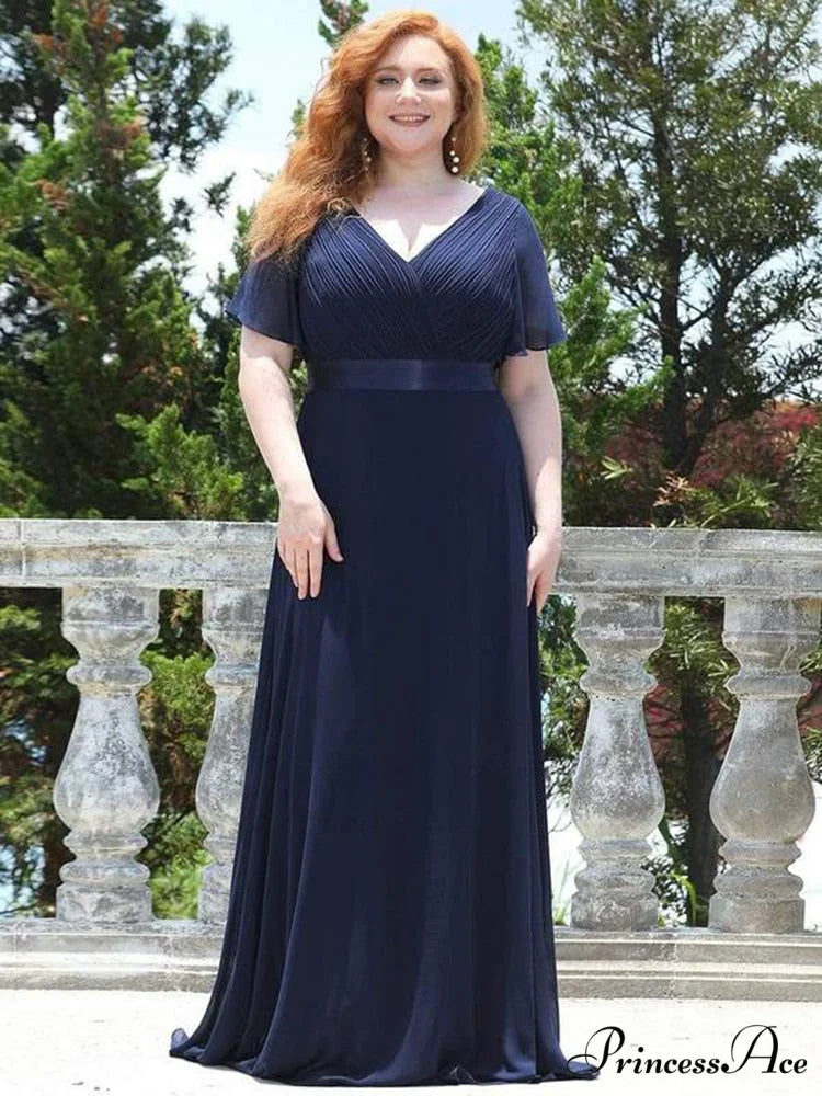 Wedding Party Elegant Gown - A Formal Neck Plus Ruffles Line Chiffon V Size Navy Blue / 4(Lable Size S)