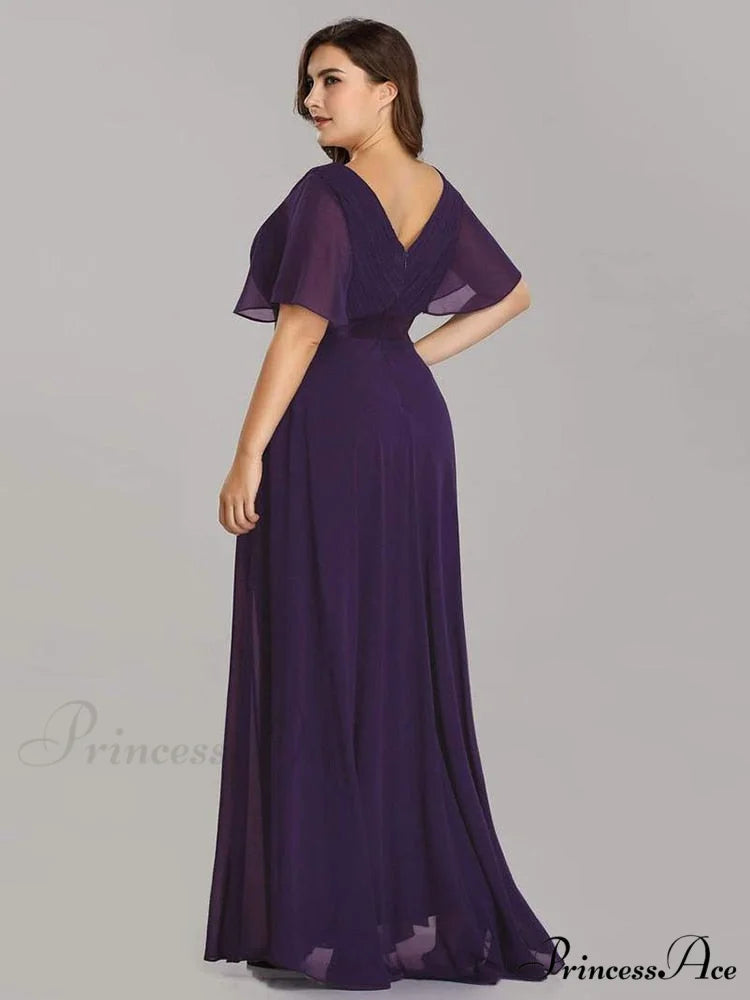 Wedding Party Elegant Gown - A Formal Neck Plus Ruffles Line Chiffon V Size Purple / 4(Lable Size S)