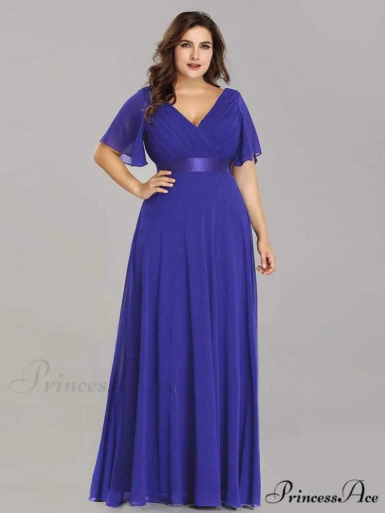 Wedding Party Elegant Gown - A Formal Neck Plus Ruffles Line Chiffon V Size Sapphire Blue / 4(Lable Size S)