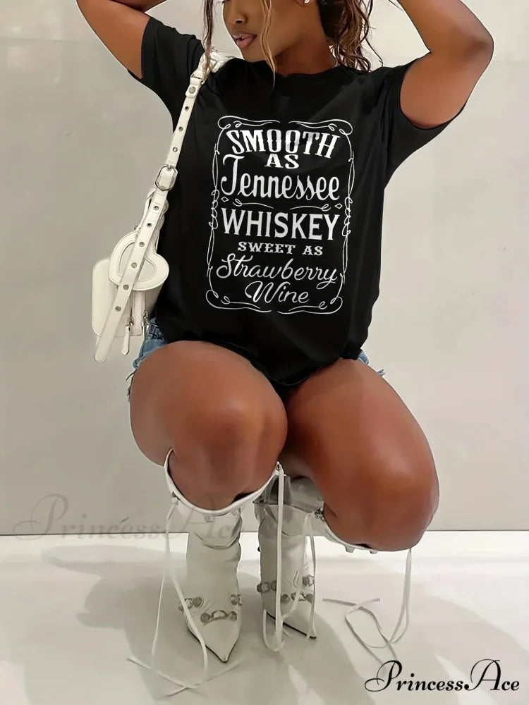 Whiskey Letter Print Sleeve Spring&Summer Crew Neck Women’s Casual Tee T-shirt
