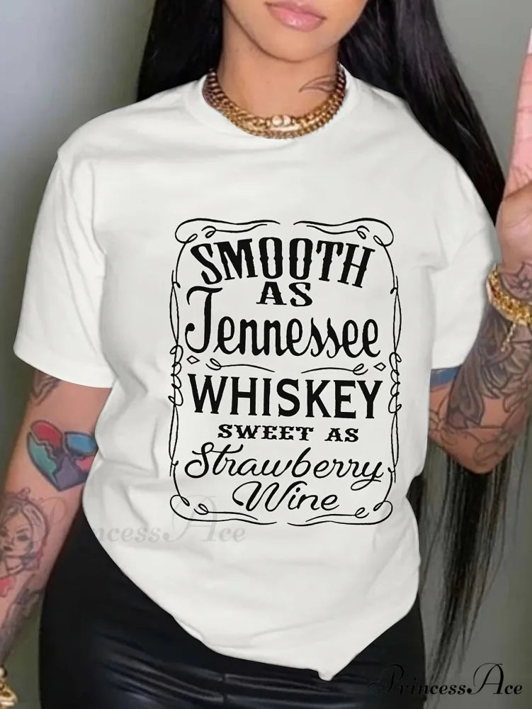 Whiskey Letter Print Sleeve Spring&Summer Crew Neck Women’s Casual Tee T-shirt WHITE / S