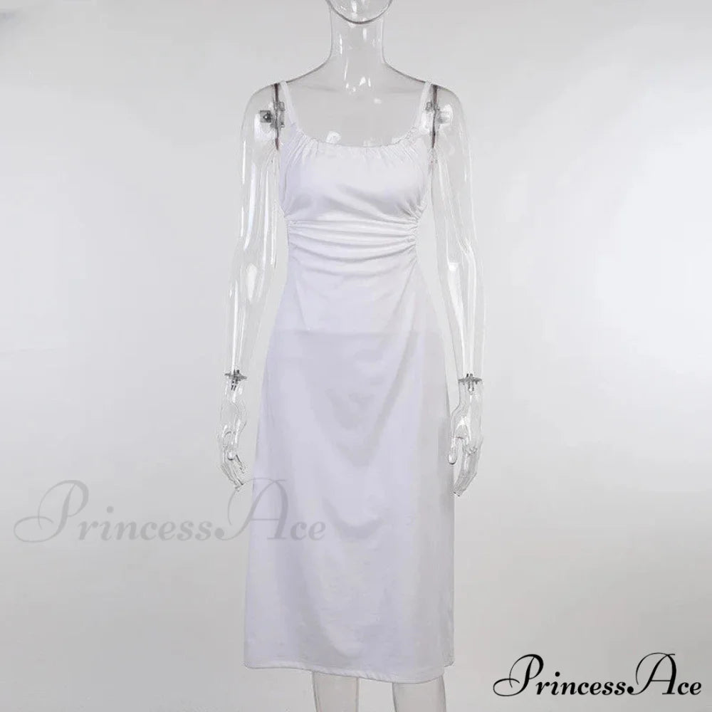 White Backless Hollow Out Bandage Spaghetti Strap Midi Dress