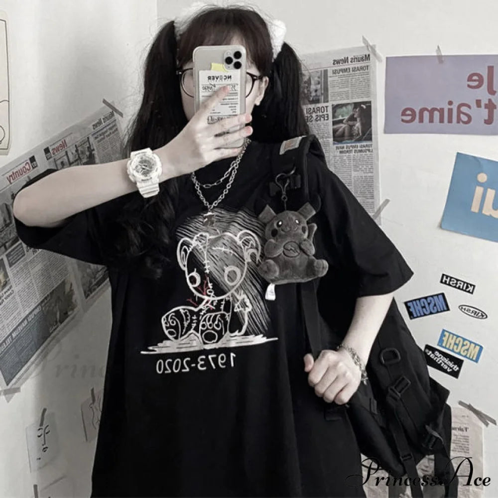 White Cartoon Female Kawaii Tops Tee black 1 / M