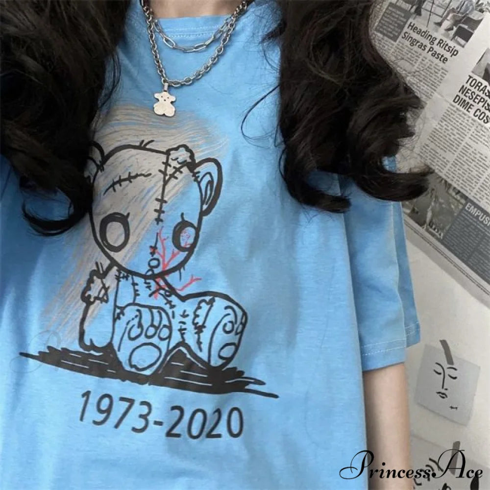 White Cartoon Female Kawaii Tops Tee blue 1 / M