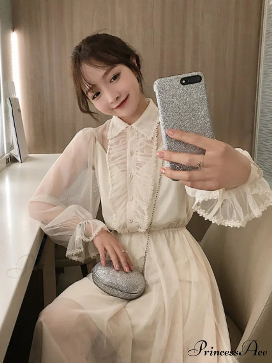 White Chiffon Summer Dress with Long Sleeves S / Coffee