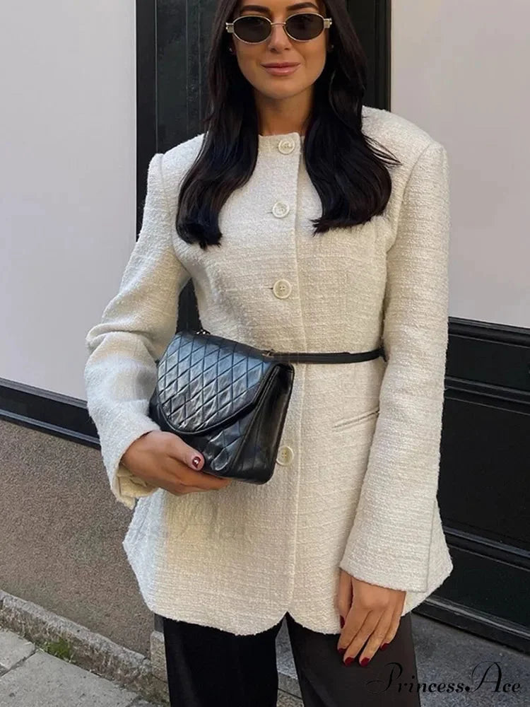 White Circular Neck Unmarried Buttoned Coat coats-241228