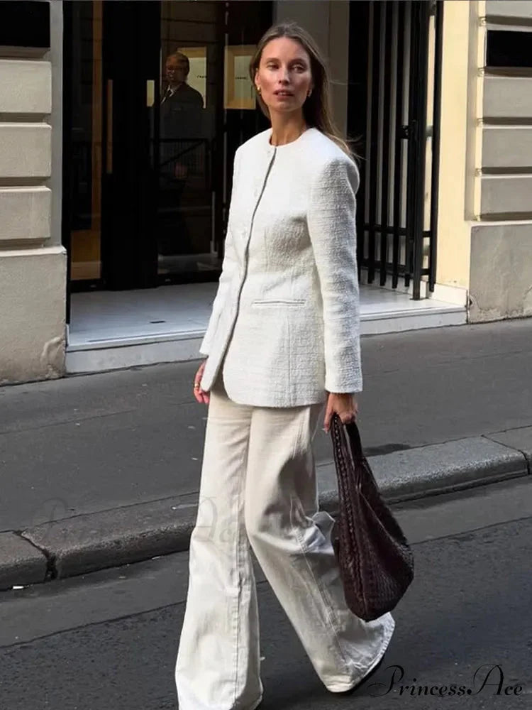 White Circular Neck Unmarried Buttoned Coat coats-241228