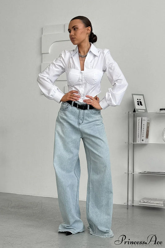 White Cotton Collared Puff Sleeve Blouse