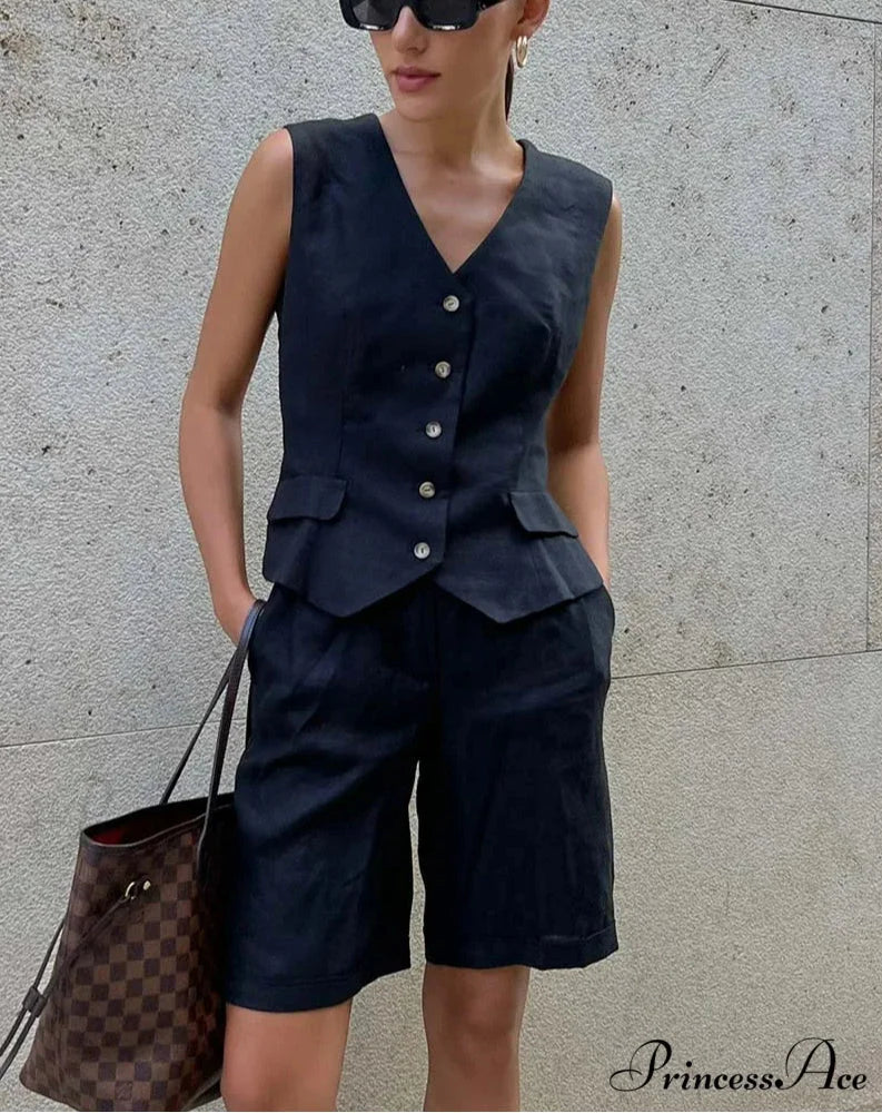 White Cotton Deep Neck Knee Shorts Office Two Piece Set Black / S officetwopieceset-250223