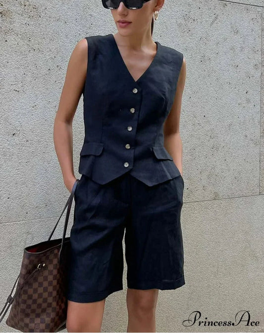 White Cotton Deep Neck Knee Shorts Office Two Piece Set Black / S officetwopieceset-250223