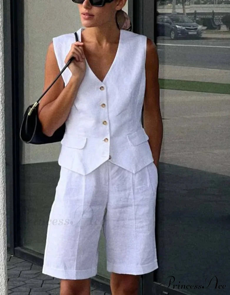 White Cotton Deep Neck Knee Shorts Office Two Piece Set WHITE / S officetwopieceset-250223