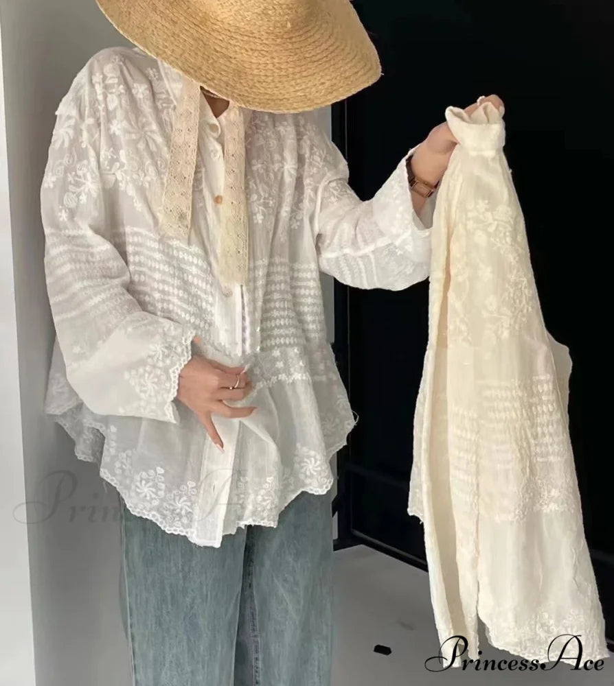 White Cotton Embroidered Lace Extended Sleeve Bohemian Seaside Blouse bohoblouse-250126