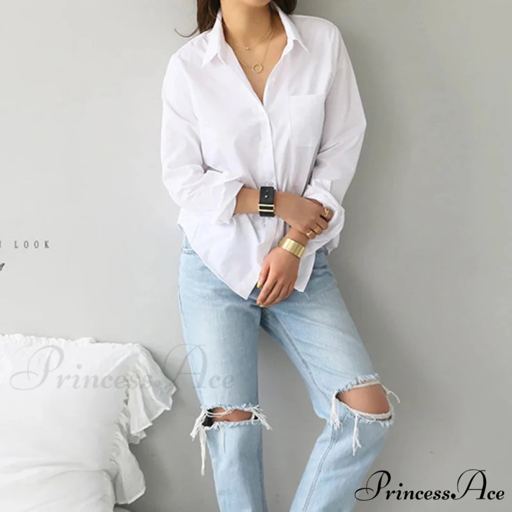 White Cotton Extended Sleeve Informal Women’s Top blouse-250126