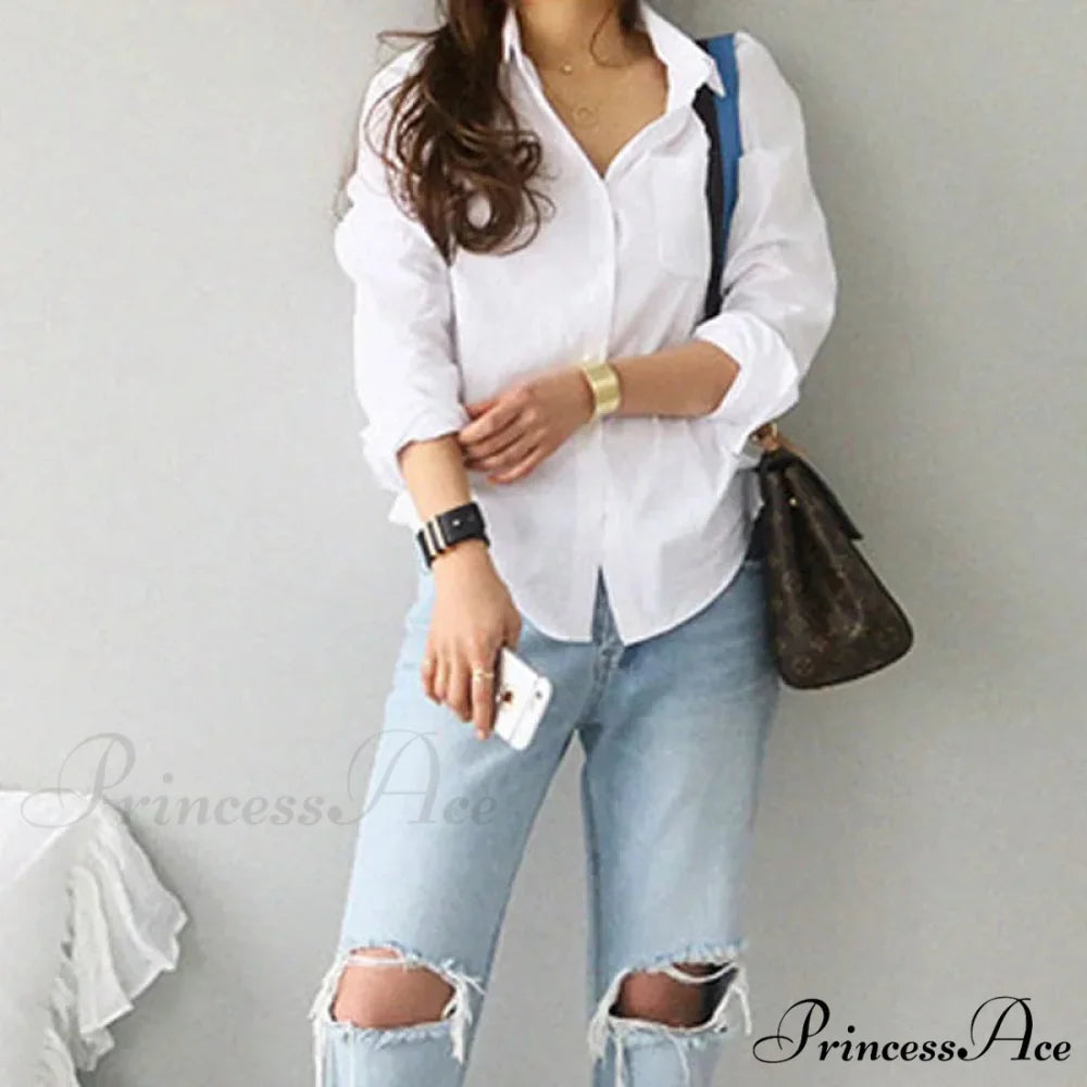 White Cotton Extended Sleeve Informal Women’s Top blouse-250126