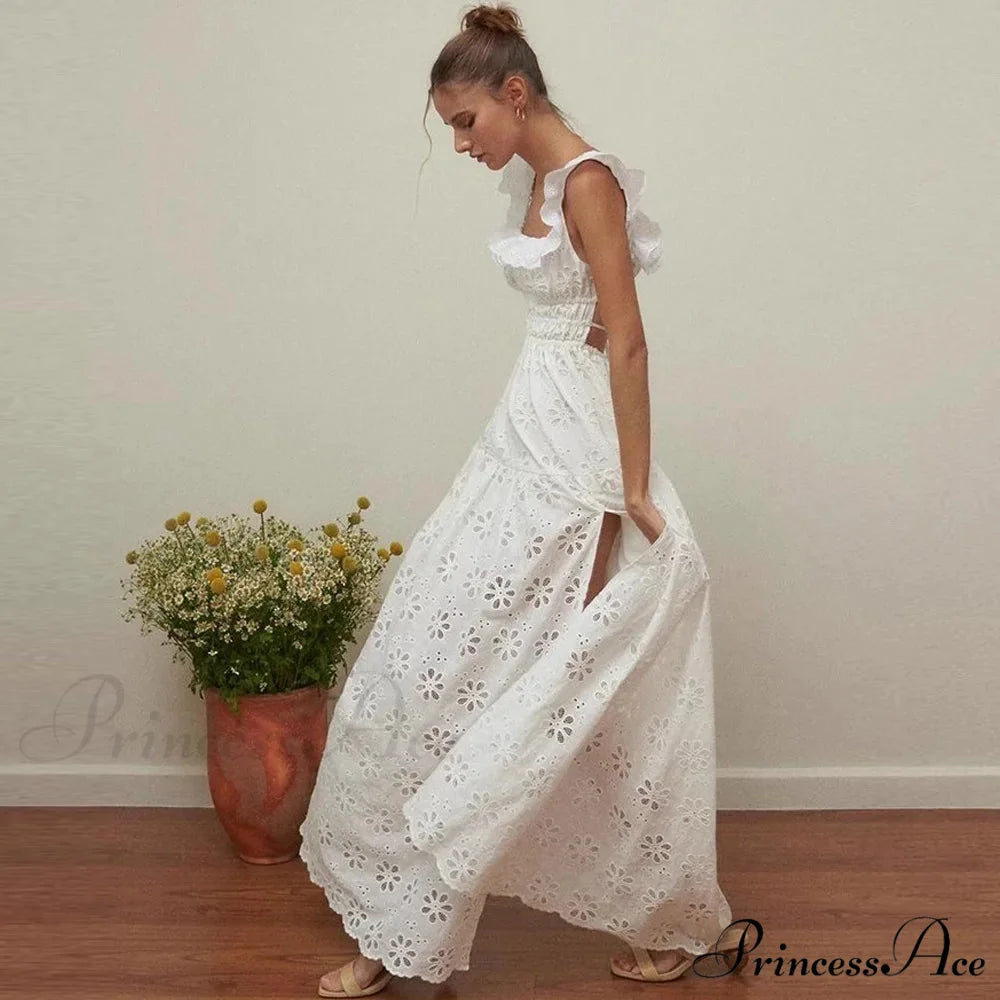 White Cotton Floral Lace Long Dress bohodress-250126