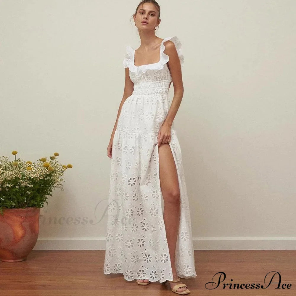 White Cotton Floral Lace Long Dress WHITE / S bohodress-250126