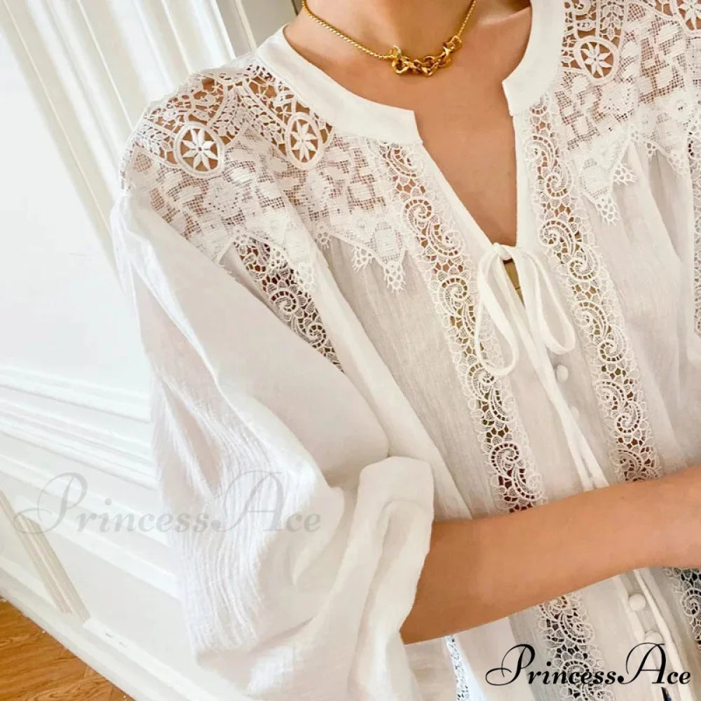 White Cotton Lace Lantern Sleeve Generous Boho Top bohoblouse-250126