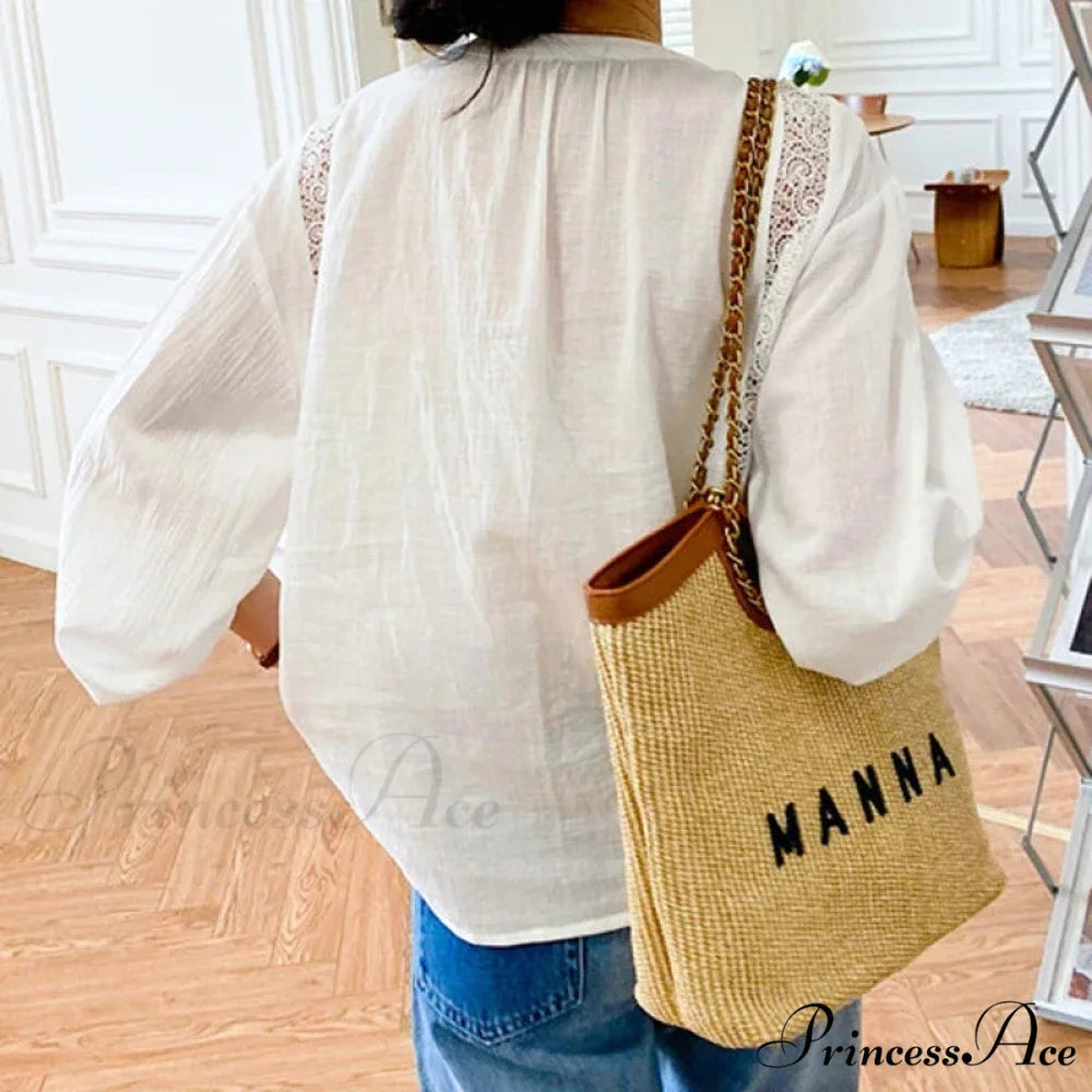 White Cotton Lace Lantern Sleeve Generous Boho Top bohoblouse-250126