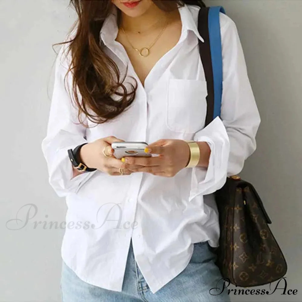White Cotton Long Sleeve Button-up Shirt blouse-250126