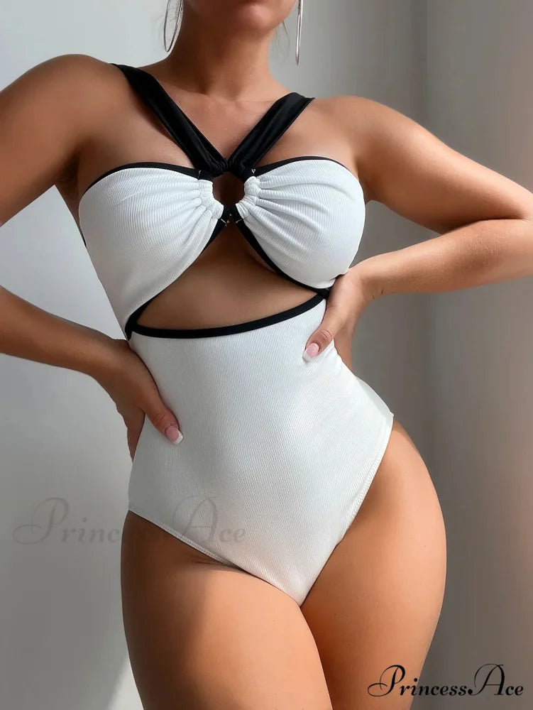 White Dark Patchwork Metal Circle Single Piece onepiece-250223