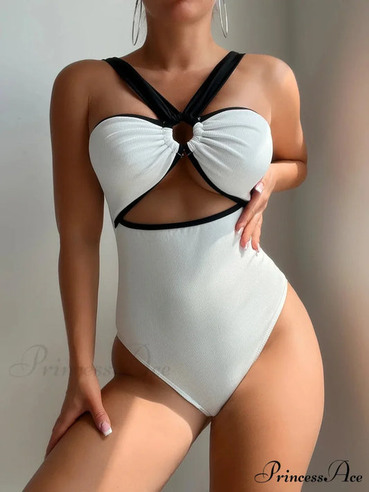 White Dark Patchwork Metal Circle Single Piece WHITE / S onepiece-250223