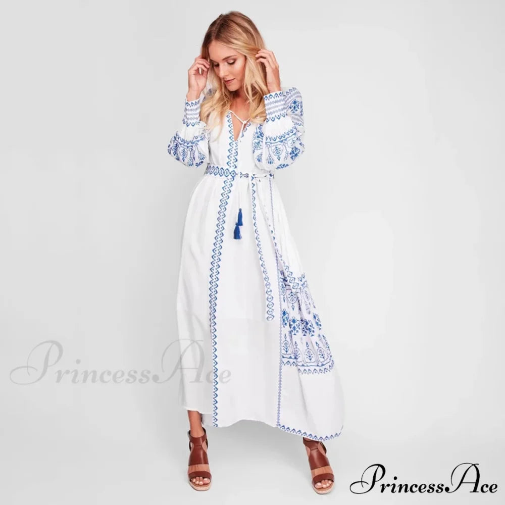 White Decorated Cotton Full-Length Dress bohodress-250126